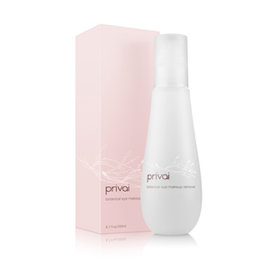 Botanical Eye Makeup Remover | Privai in a sleek white bottle with delicate botanical design, placed next to a soft pink box, highlighting skincare and gentle makeup removal.