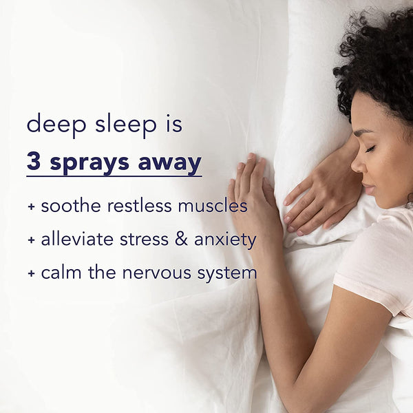 Woman sleeping peacefully on her side with text highlighting that deep sleep is three sprays away and benefits include soothing restless muscles, alleviating stress and anxiety, and calming the nervous system, promoting wellness with DREAM STATE | Barefoot Scientist.