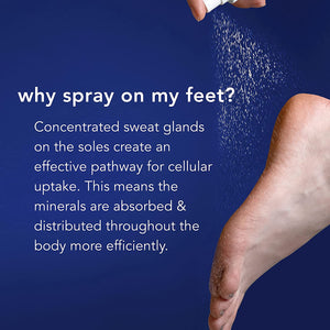 Close-up of a foot being sprayed with mineral mist, illustrating how spray application on soles enhances mineral absorption and distribution, promoting wellness with DREAM STATE | Barefoot Scientist.