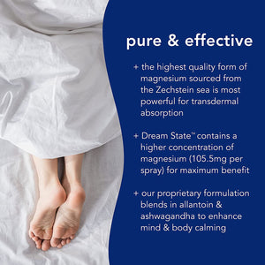 Close-up of bare feet resting relaxed on white bedding next to text highlighting DREAM STATE | Barefoot Scientist as a pure and effective magnesium wellness supplement with allontoin and ashwagandha for mind and body calming.
