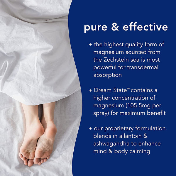 Close-up of bare feet resting relaxed on white bedding next to text highlighting DREAM STATE | Barefoot Scientist as a pure and effective magnesium wellness supplement with allontoin and ashwagandha for mind and body calming.