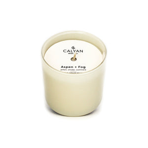 Aspen + Fog Dignity Series Glass Jar Soy Candle | Calyan Wax Co. - 5.3 oz, white glass container with minimalist label and single wick for a clean, soothing scent experience.
