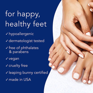 Close-up of hands gently resting on well-groomed feet with light pink nail polish against a white background, next to text highlighting benefits for happy, healthy feet from DREAM STATE | Barefoot Scientist.