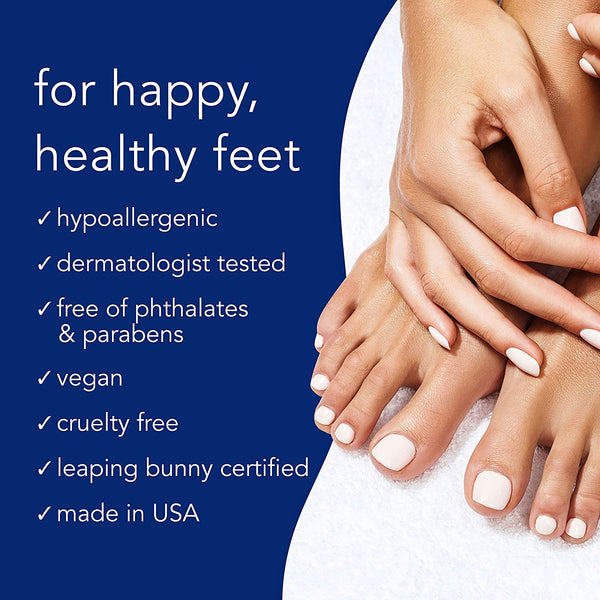 Close-up of hands gently resting on well-groomed feet with light pink nail polish against a white background, next to text highlighting benefits for happy, healthy feet from DREAM STATE | Barefoot Scientist.