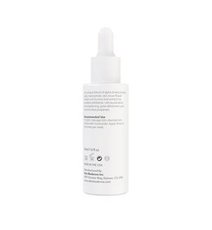 White dropper bottle labeled with product details for AHA / BHA | Skin Moderne skincare serum featuring alpha and beta hydroxy acids, niacinamide, and botanical extracts for skin rejuvenation and pore refinement.