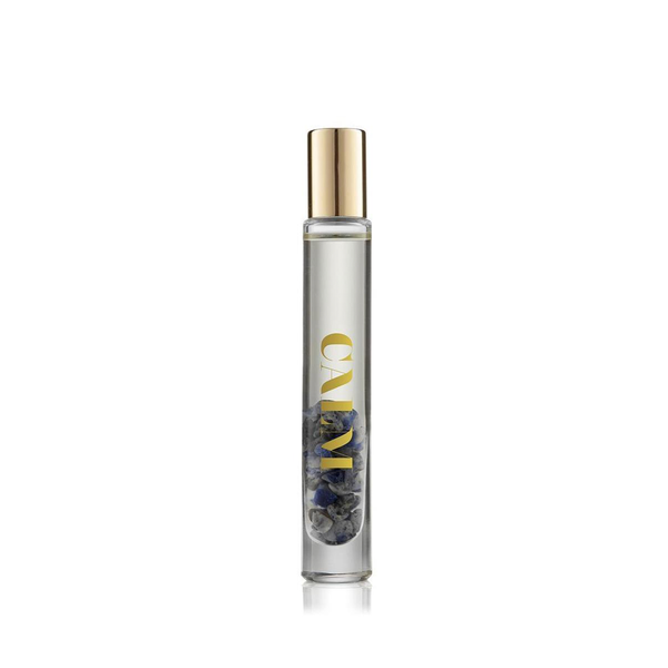 Calm RollerBall | Aluminate Life wellness supplement in a clear glass bottle with gold cap, featuring natural stones inside, designed for calming and relaxation.