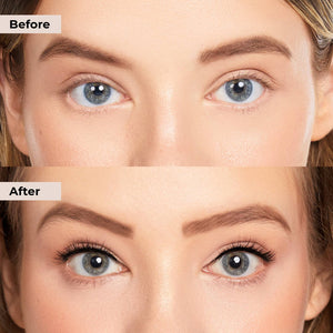 Close-up comparison of a woman's eyes before and after using Lashies™ - Airy - On The Go | Moxielash, showing enhanced, fuller eyelashes for a natural yet noticeable look.