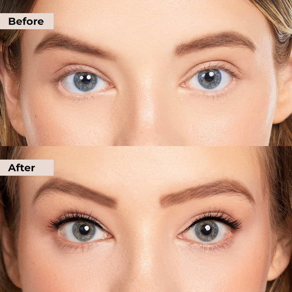 Close-up comparison of a woman's eyes before and after using Lashies™ - Airy - On The Go | Moxielash, showing enhanced, fuller eyelashes for a natural yet noticeable look.