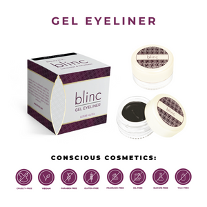 Gel Eyeliner | Blinc product packaging and open container showing smooth black gel eyeliner with emphasis on cruelty-free, vegan, and fragrance-free conscious cosmetics.