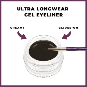 Close-up of a jar of black creamy gel eyeliner with a fine brush applicator resting on the jar, highlighting the smooth, glides-on texture of Gel Eyeliner | Blinc.