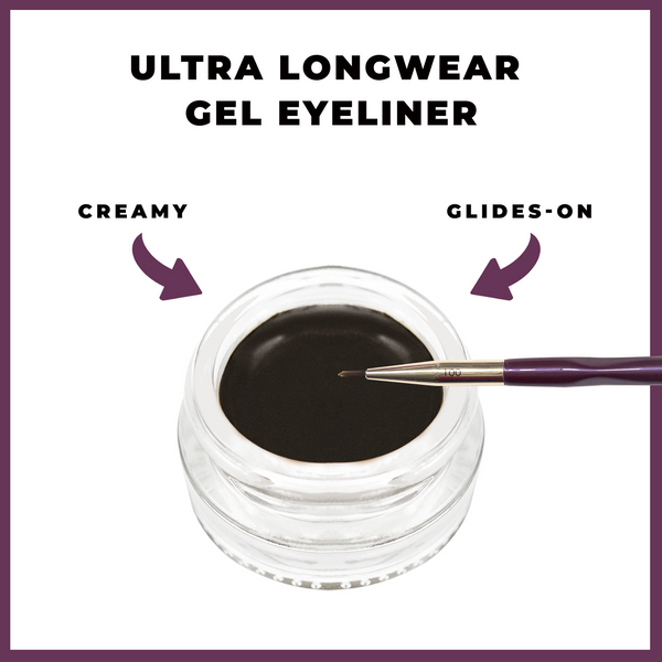 Close-up of a jar of black creamy gel eyeliner with a fine brush applicator resting on the jar, highlighting the smooth, glides-on texture of Gel Eyeliner | Blinc.