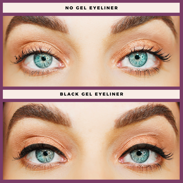 Close-up comparison of blue eyes showing upper eyelids without gel eyeliner and with black Gel Eyeliner | Blinc applied, highlighting a bold, defined lash line.