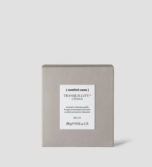 Box packaging of the Tranquillity Candle | [ comfort zone ], an aromatic relaxing candle designed for wellness and relaxation.
