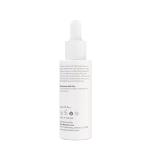 White dropper bottle of Bio-Retinol | Skin Moderne skincare product featuring label text about plant-derived retinol alternatives and directions for use on a white background.