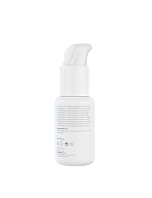 White pump bottle packaging shown from the back with product information for Breakfast Smoothie | Skin Moderne, a skincare moisturizer promoting hydration and protection.