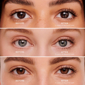 Close-up comparison of eyes before and after applying two coats of Beyond Lash Volumizing Mascara | Jane Iredale, showing enhanced volume and length of lashes on three different models.