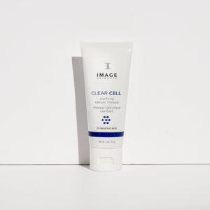 CLEAR CELL clarifying salicylic masque | IMAGE Skincare in a white tube with blue accents, a skincare product designed for clarifying skin with 2% salicylic acid.