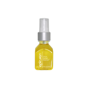 Small clear bottle with yellow liquid and a silver pump cap labeled Citrus Herbal Cleanser | Epicuren Discovery, a skincare product for cleansing and refreshing the skin.