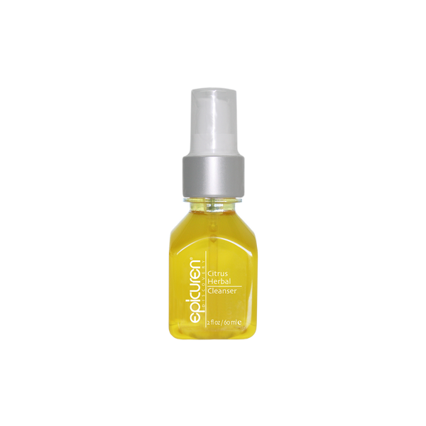 Small clear bottle with yellow liquid and a silver pump cap labeled Citrus Herbal Cleanser | Epicuren Discovery, a skincare product for cleansing and refreshing the skin.