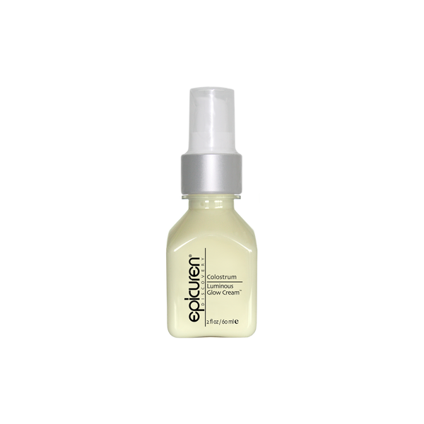 Bottle of Colostrum Luminous Glow Cream | Epicuren Discovery with a silver pump dispenser, designed for skincare and enhancing skin radiance.