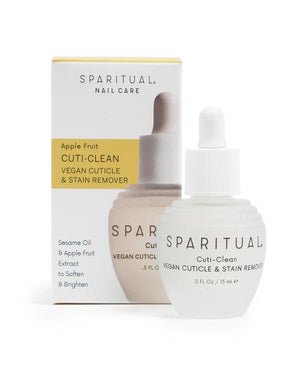 White bottle with dropper and matching box labeled Cuti-Clean Vegan Cuticle & Stain Remover | Sparitual featuring apple fruit and sesame oil for skincare and nail care.