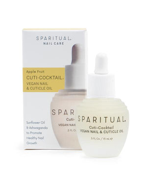 Cuti-Cocktail Vegan Nail & Cuticle Oil | Sparitual in a frosted dropper bottle next to its white and yellow packaging promoting healthy nail growth with sunflower oil and ashwaganda.