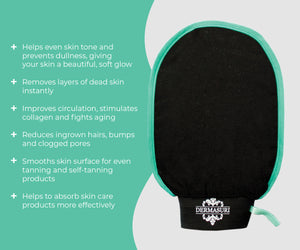 Deep Exfoliating Body Scrub Mitt | Dermasuri in black and green, designed for skincare to remove dead skin, improve circulation, reduce ingrown hairs, and enhance product absorption.