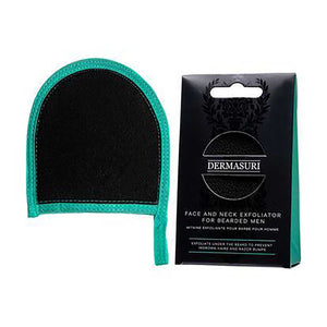 Face and Neck Scrub For Bearded Men | Dermasuri exfoliating mitt with black scrub surface and teal trim alongside its black packaging, designed for skincare and beard care.