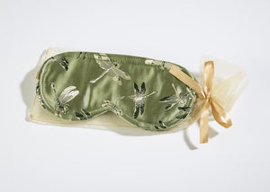 Sleep Mask - Eucalyptus in Dragonfly Silk Fabric | Sonoma Lavender featuring a soft green silk with dragonfly pattern, designed for restful sleep and wellness.