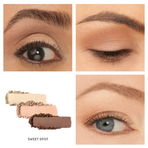 Close-up of eyes with natural neutral eyeshadow shades applied and three complementary pressed powder eyeshadow colors in beige, soft peach, and warm brown from the Purepressed Eye Shadow Triple | Jane Iredale collection.