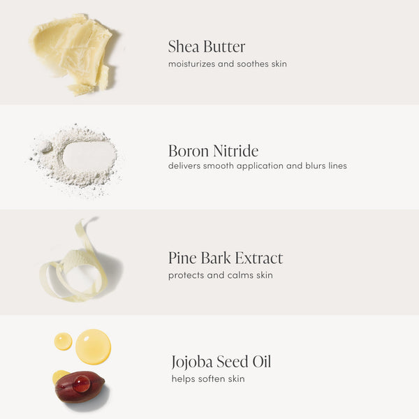 Infographic showing ingredients Shea Butter that moisturizes and soothes skin, Boron Nitride for smooth application and blurring lines, Pine Bark Extract that protects and calms skin, and Jojoba Seed Oil to help soften skin in Purepressed Eye Shadow Triple | Jane Iredale.