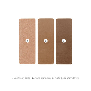 Swatches of three neutral eye shadow shades labeled Light Pearl Beige, Matte Warm Tan, and Matte Deep Warm Brown from Purepressed Eye Shadow Triple | Jane Iredale.