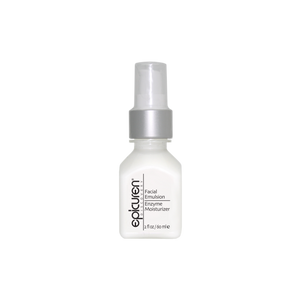 Small white bottle with a silver pump top containing Facial Emulsion Enzyme Moisturizer | Epicuren Discovery skincare product for hydration and skin health.
