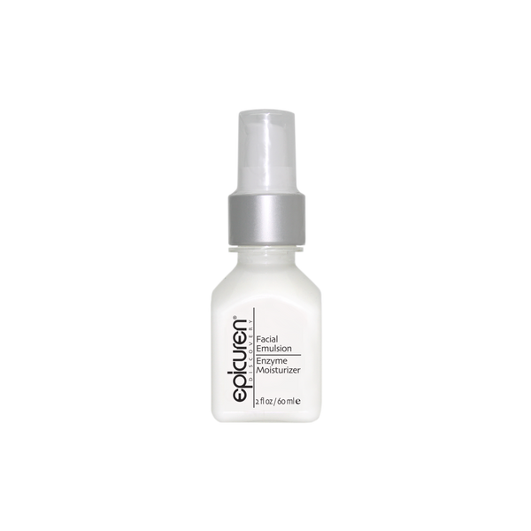 Small white bottle with a silver pump top containing Facial Emulsion Enzyme Moisturizer | Epicuren Discovery skincare product for hydration and skin health.