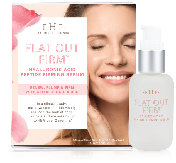 Flat Out Firm™ Hyaluronic Acid Peptide Firming Serum | Farmhouse Fresh bottle with packaging featuring a smiling woman, highlighting skincare benefits for firm, plump skin with hyaluronic acid.