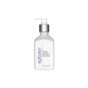 French Lavender After Bath Moisturizer | Epicuren Discovery in a white pump bottle designed for skin hydration and soothing body care after bathing.