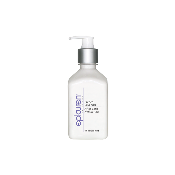French Lavender After Bath Moisturizer | Epicuren Discovery in a white pump bottle designed for skin hydration and soothing body care after bathing.