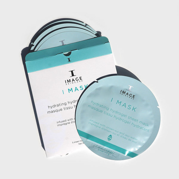 I MASK hydrating hydrogel sheet mask (5 pack) | IMAGE Skincare showing light blue round sachets and white packaging, designed for skincare hydration and wellness.