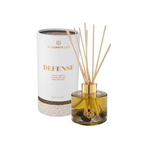 Defense Reed Diffuser | Aluminate Life with amber glass bottle, natural reed sticks, and white cylindrical packaging, offering a wellness-focused home fragrance experience.