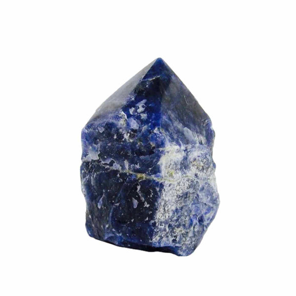 Close-up of a deep blue and white polished crystal point on a white background featuring the Calm Reed Diffuser | Aluminate Life product.