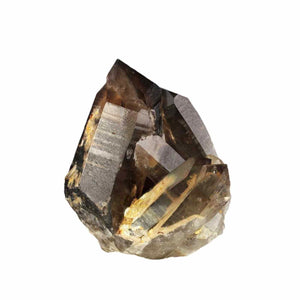 Close-up of a natural smoky quartz crystal with translucent brown and golden hues, used as a decorative element for the Defense Glass Candle | Aluminate Life.