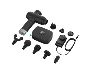 Hypervolt 2 Pro | Hyperice percussion massage device with multiple interchangeable heads, charging adapter with international plugs, and a carrying case for recovery and wellness care.