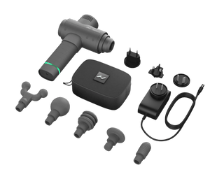 Hypervolt 2 | Hyperice massage device with multiple interchangeable heads, travel carrying case, and international power adapters for targeted muscle recovery and wellness.