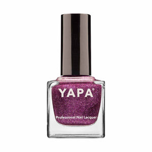 A bottle of Jessica Nail Lacquer | YAPA in a vibrant sparkling pink shade, featuring a sleek black cap and clear glass packaging.