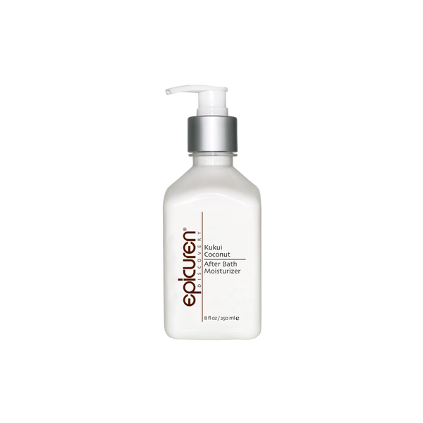 Kukui Coconut After Bath Moisturizer | Epicuren Discovery in a white pump bottle designed for skincare and body care hydration after bathing.