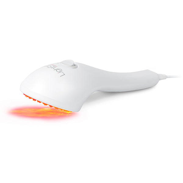 White handheld skincare device emitting red light designed for anti-aging treatment, LightStim For Wrinkles | LightStim, promoting skin wellness and wrinkle reduction.