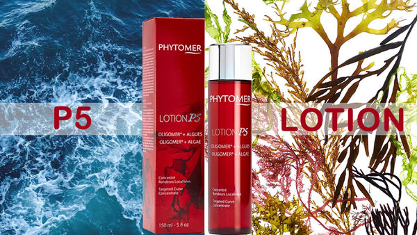 Red bottle and box packaging of Lotion P5 (Targeted Curve Concentrate) | Phytomer displayed with sea algae and ocean background, highlighting a skincare body care product.