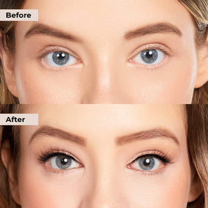 Close-up comparison of a woman's eyes before and after using Lashies™ - Lovely - On The Go | Moxielash, showing natural eyelashes enhanced with fuller, longer lashes in the after image.