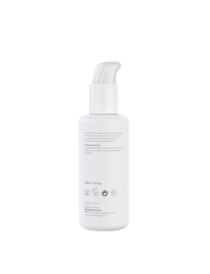 Back view of a white pump bottle containing Makeup Removing Smoothie | Skin Moderne, a gentle cleansing oil designed for sensitive skin and makeup removal in skincare routines.