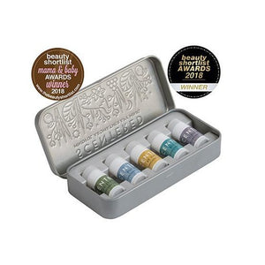 Wellbeing Ritual Aromatherapy Mini Tin | Scentered with six small aromatherapy bottles in a silver embossed tin, featuring award badges for wellness and skincare recognition.